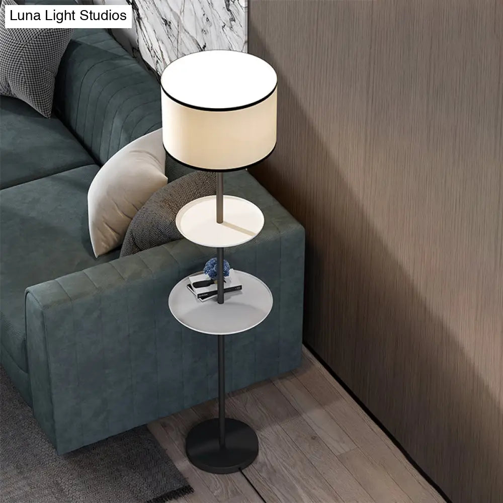 Traditional White Fabric Standing Floor Lamp with Shelves Design - 1 Head Drum Floor Light