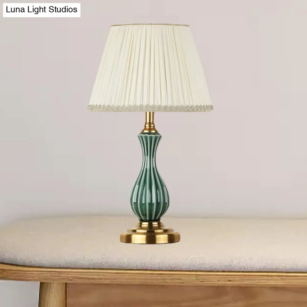 Traditional White Fabric Table Lamp with Ceramic Urn-Shaped Base - Bedroom Nightstand Lighting