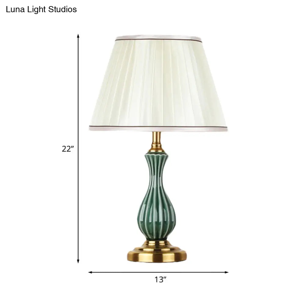 Traditional White Fabric Table Lamp with Ceramic Urn-Shaped Base - Bedroom Nightstand Lighting