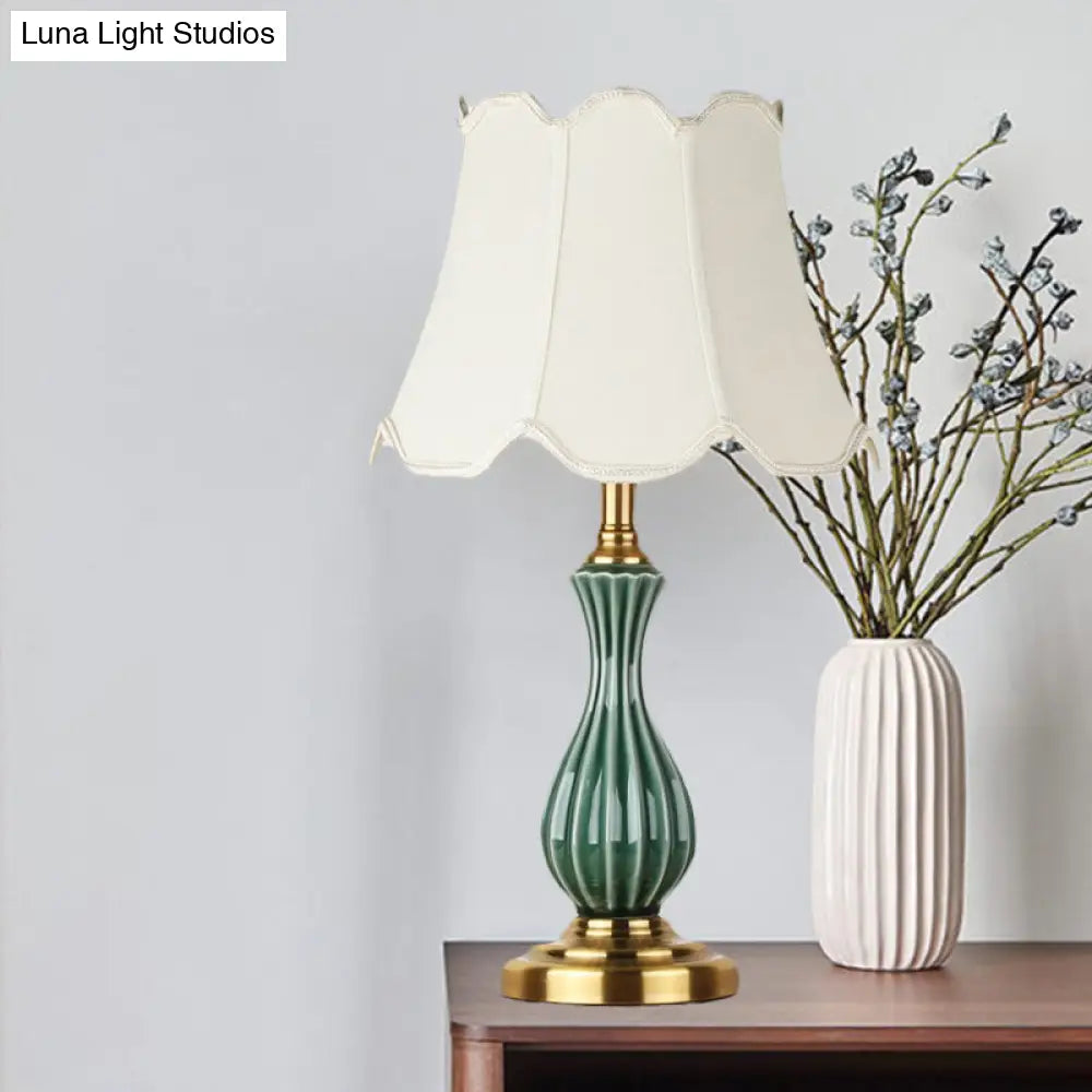 Traditional White Fabric Table Lamp with Ceramic Urn-Shaped Base - Bedroom Nightstand Lighting