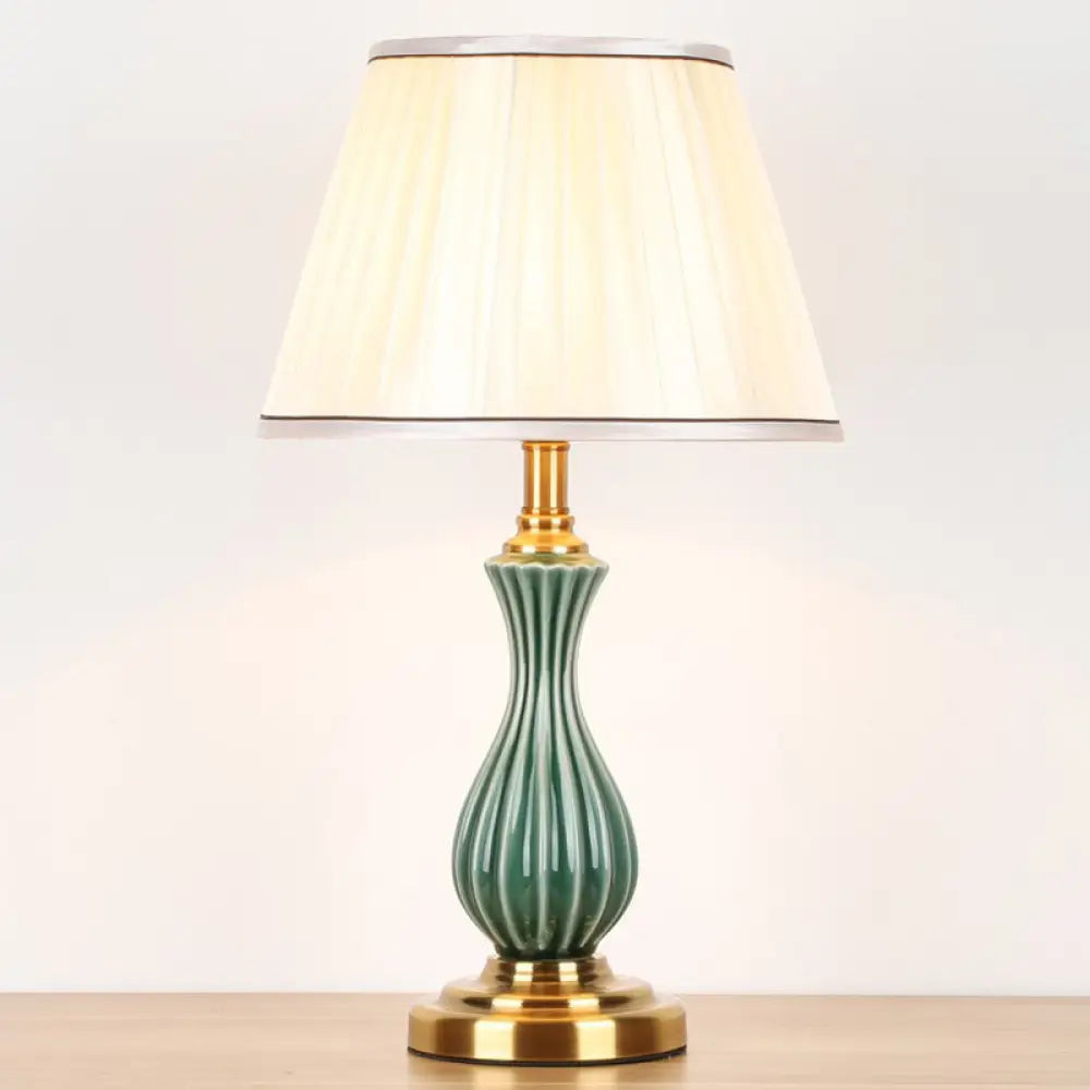 Traditional White Fabric Table Lamp with Ceramic Urn-Shaped Base - Bedroom Nightstand Lighting