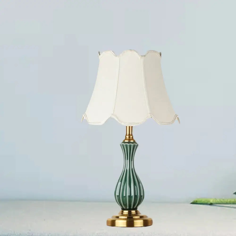Traditional White Fabric Table Lamp with Ceramic Urn-Shaped Base - Bedroom Nightstand Lighting