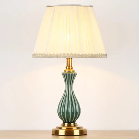 Traditional White Fabric Table Lamp with Ceramic Urn-Shaped Base - Bedroom Nightstand Lighting