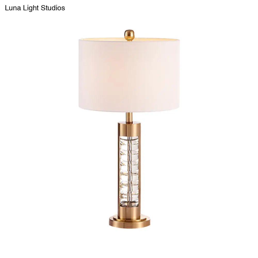 Traditional White Fabric Table Lamp with Gold Metal Base - Round Shade Nightstand Light