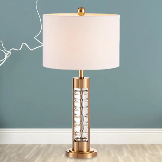 Traditional White Fabric Table Lamp with Gold Metal Base - Round Shade Nightstand Light