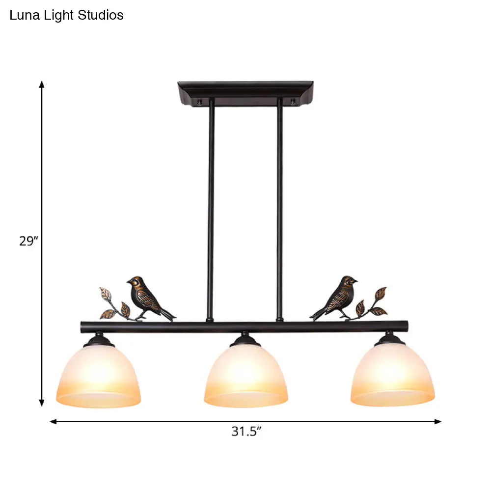 Traditional White Glass Barrel Pendant Light with Birds - 3-Light Black Dining Room Island Fixture