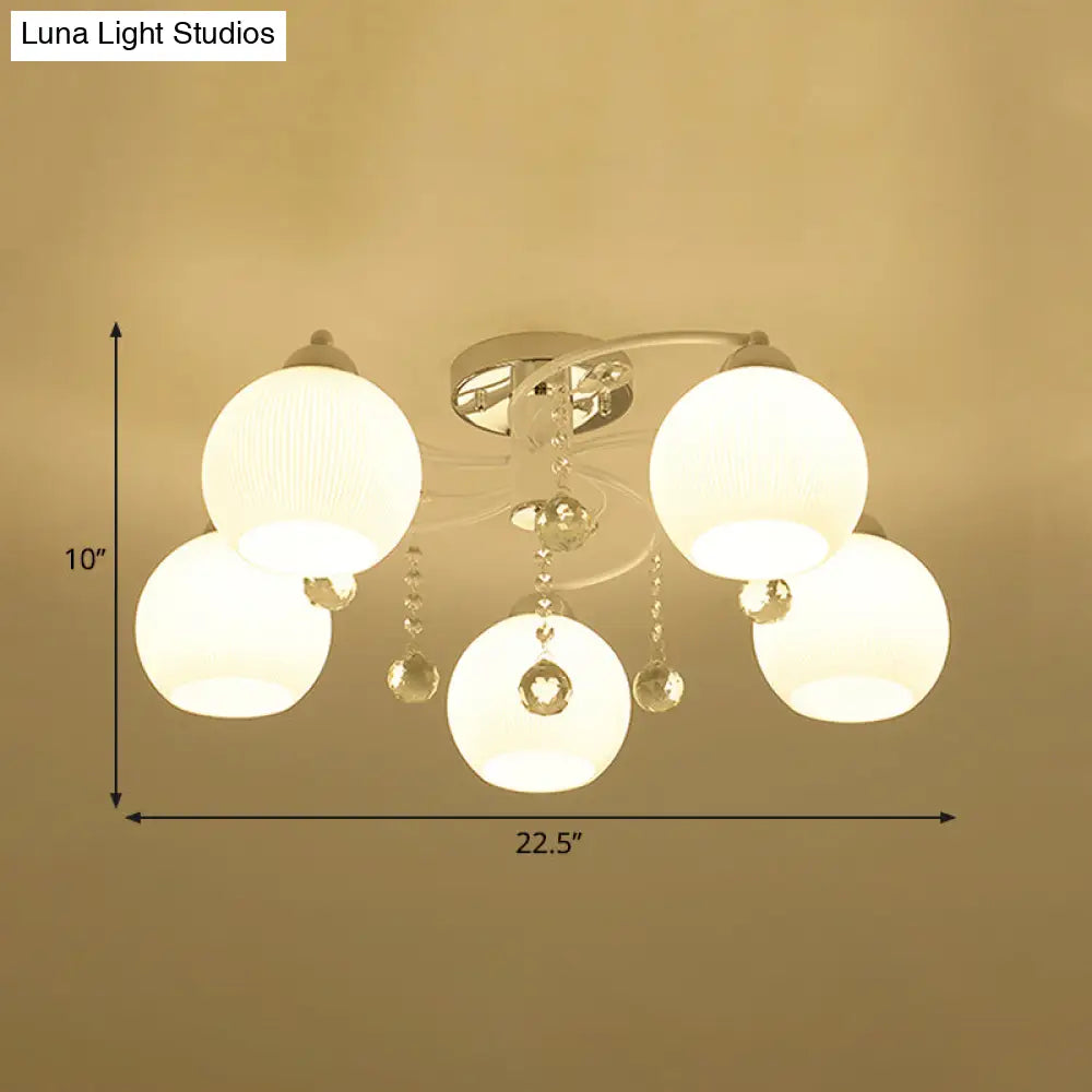 Traditional White Glass Ceiling Lamp with Crystal Draping - 3/5 Head Flush Mount