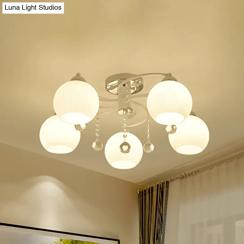Traditional White Glass Ceiling Lamp with Crystal Draping - 3/5 Head Flush Mount