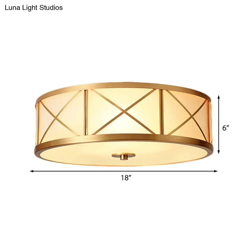 Traditional White Glass Drum Dining Room Flushmount Light with Brass Accent, 4 Lights, 11"/14"/18" W