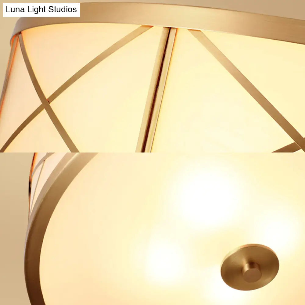 Traditional White Glass Drum Dining Room Flushmount Light with Brass Accent, 4 Lights, 11"/14"/18" W