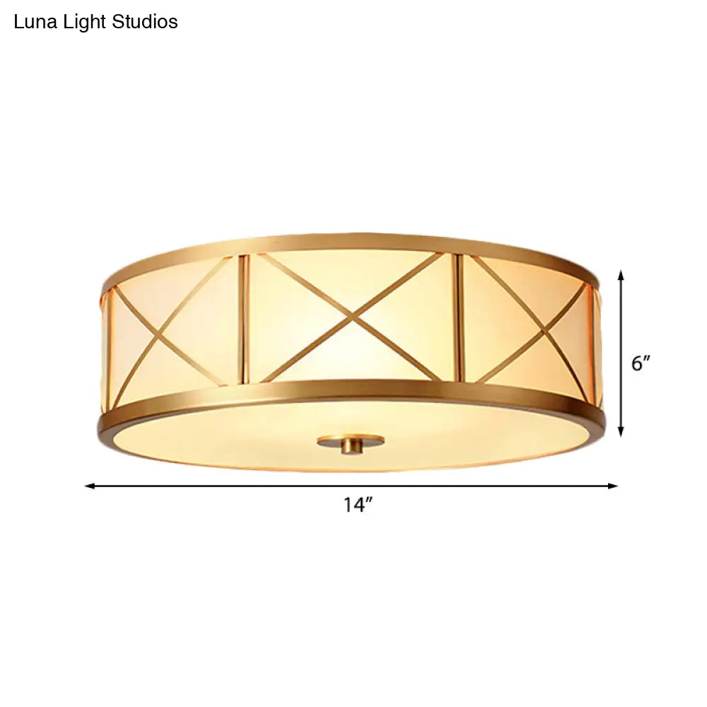 Traditional White Glass Drum Dining Room Flushmount Light with Brass Accent, 4 Lights, 11"/14"/18" W