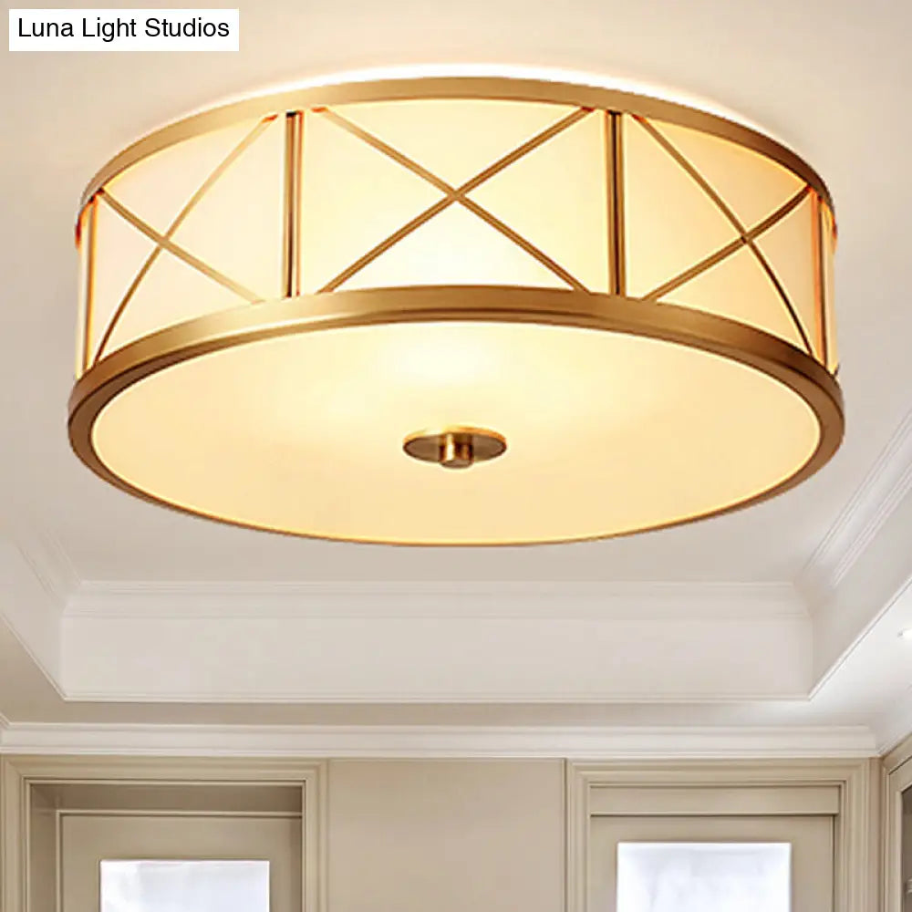 Traditional White Glass Drum Dining Room Flushmount Light with Brass Accent, 4 Lights, 11"/14"/18" W