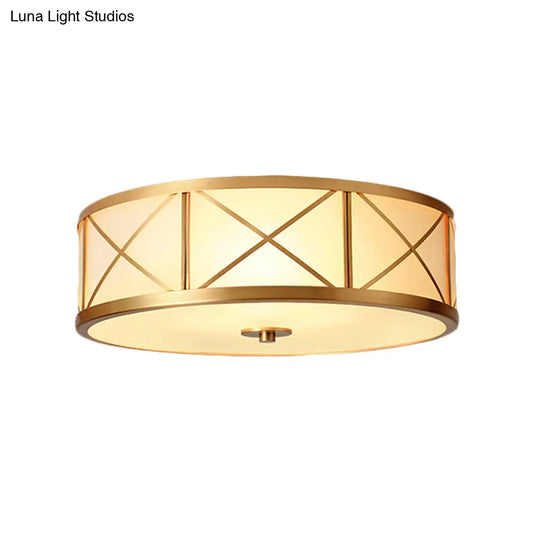 Traditional White Glass Drum Dining Room Flushmount Light with Brass Accent, 4 Lights, 11"/14"/18" W