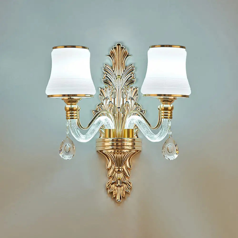 Traditional White Glass Gold Wall Sconce with Illuminated Arm for Living Room Lighting