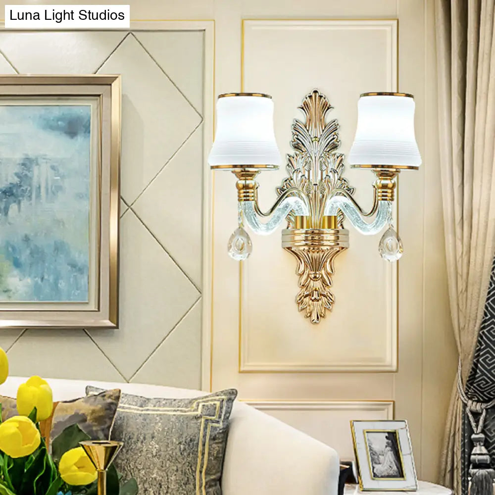 Traditional White Glass Gold Wall Sconce with Illuminated Arm for Living Room Lighting