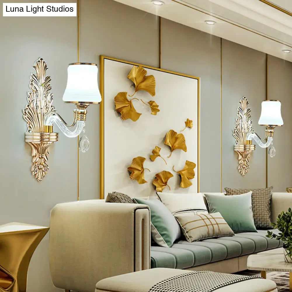 Traditional White Glass Gold Wall Sconce with Illuminated Arm for Living Room Lighting