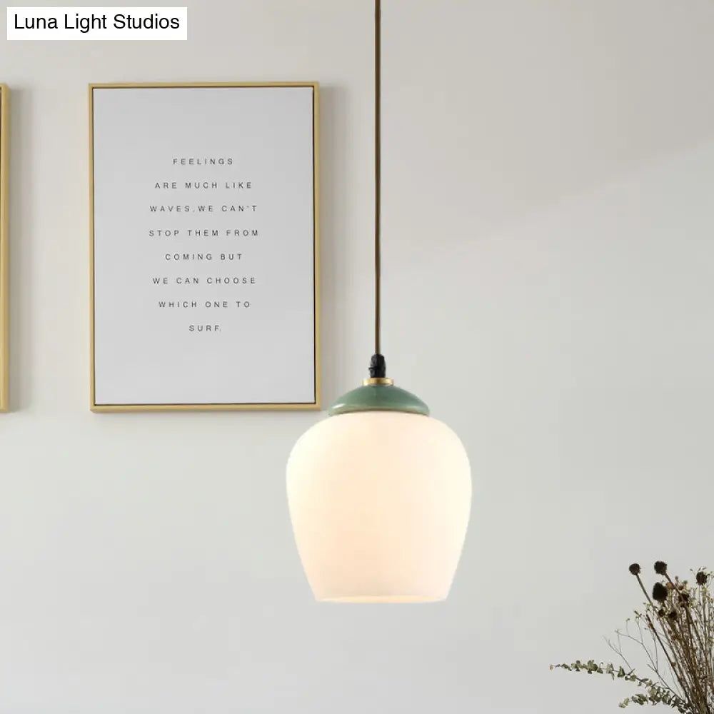 Traditional White Glass Pendant Lamp with Ceramic Top for Restaurants - Tulip/Bell Style
