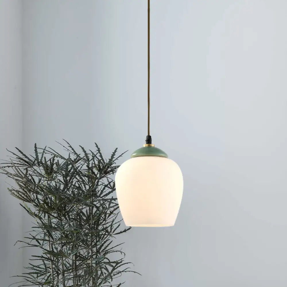 Traditional White Glass Pendant Lamp with Ceramic Top for Restaurants - Tulip/Bell Style