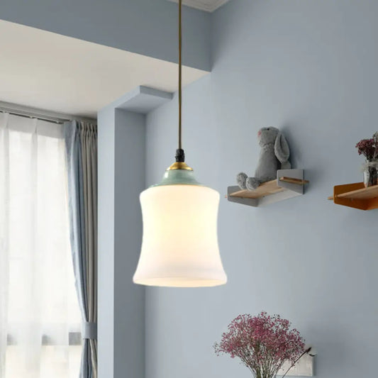 Traditional White Glass Pendant Lamp with Ceramic Top for Restaurants - Tulip/Bell Style