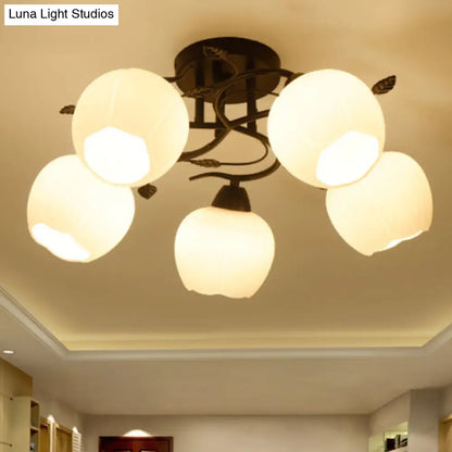 Traditional White Glass Semi Flush Ceiling Light for Living Room - 1 Light Globe Fixture