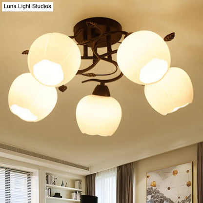 Traditional White Glass Semi Flush Ceiling Light for Living Room - 1 Light Globe Fixture