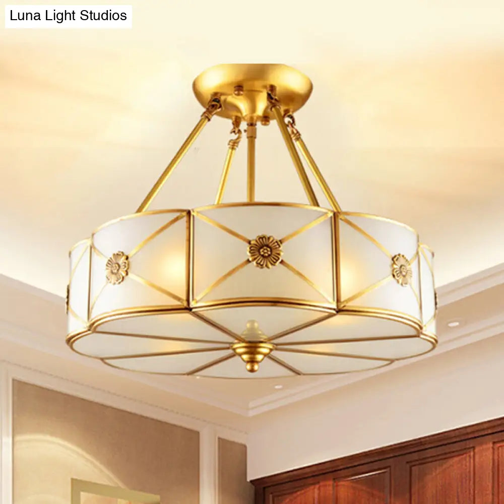 Traditional White Glass Semi-Flush Mount Chandelier - 4/6 Bulb Option, 18"/23.5" Width, Brass Finish