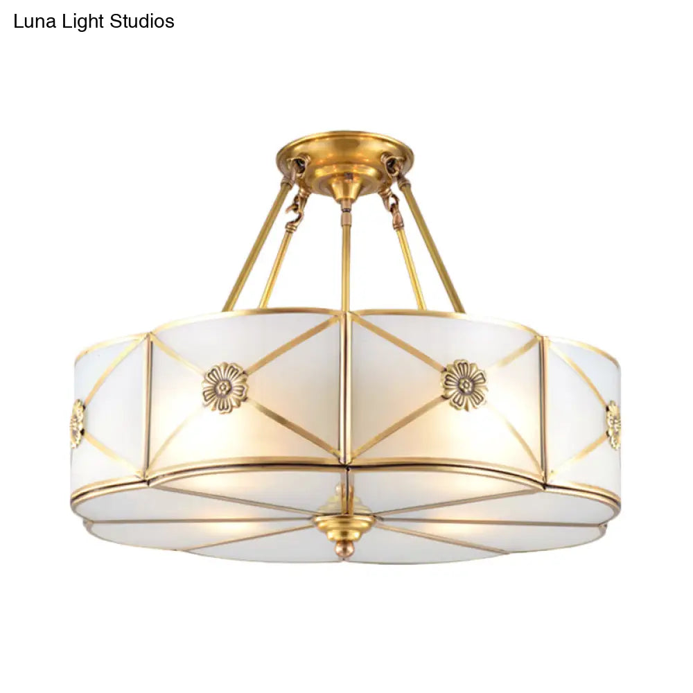 Traditional White Glass Semi-Flush Mount Chandelier - 4/6 Bulb Option, 18"/23.5" Width, Brass Finish