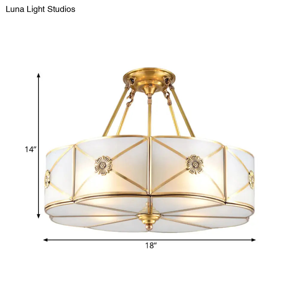 Traditional White Glass Semi-Flush Mount Chandelier - 4/6 Bulb Option, 18"/23.5" Width, Brass Finish