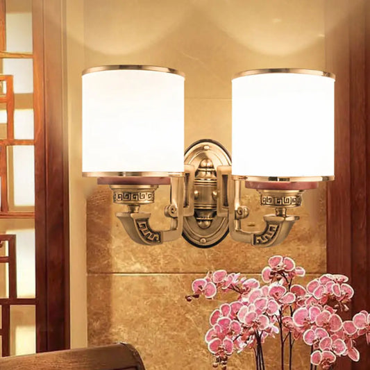Traditional White Glass Wall Mount Sconce Lamp with Brass Finish