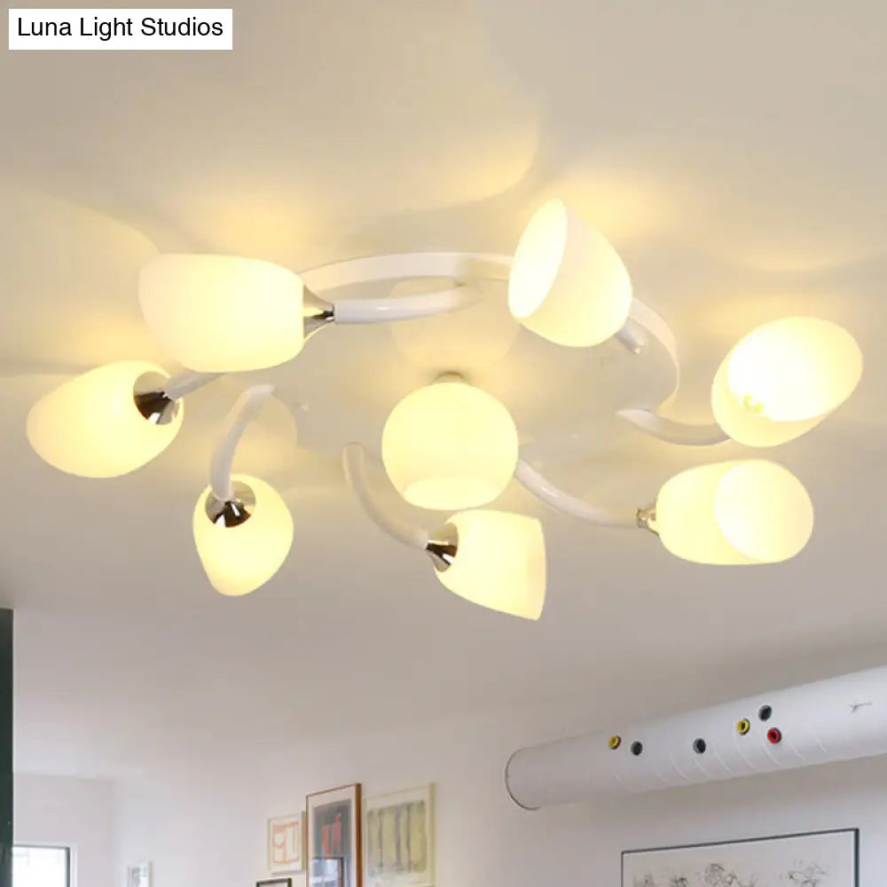 Traditional White Oval Semi Flush Light with Frosted Glass for Living Room - 4/6/8 Lights