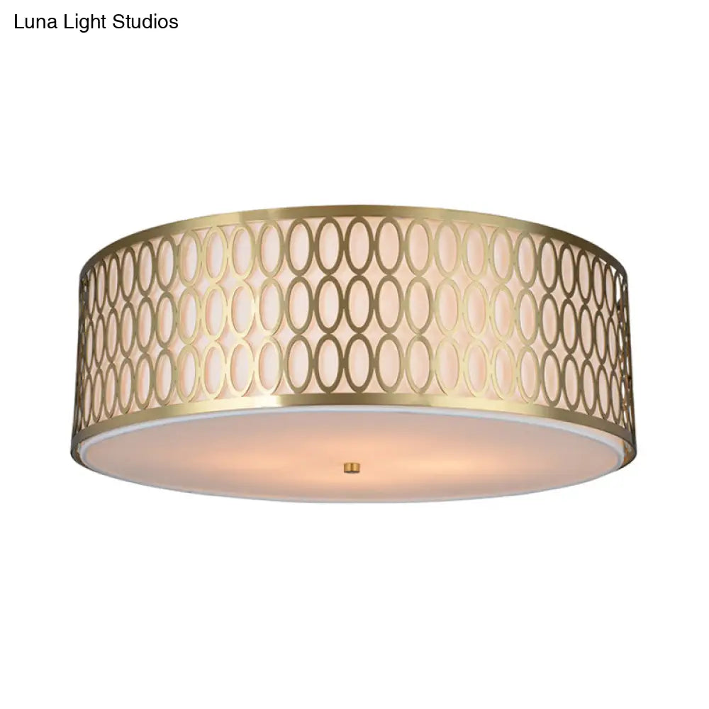 Traditional White Round Ceiling Mounted Lamp with Gold Metal Mesh Frame - 4-Light Fabric Flush Light, Sizes 16", 19.5", 23.5" Dia