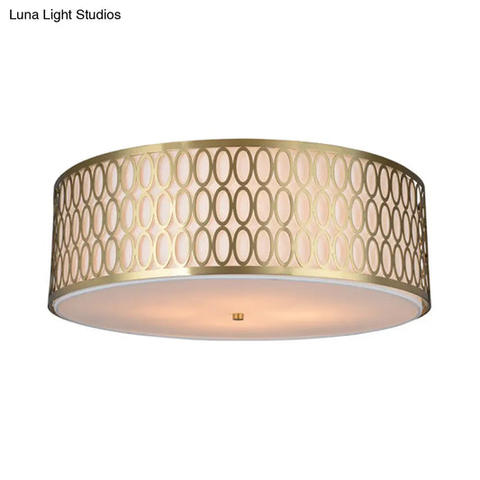 Traditional White Round Ceiling Mounted Lamp with Gold Metal Mesh Frame - 4-Light Fabric Flush Light, Sizes 16", 19.5", 23.5" Dia