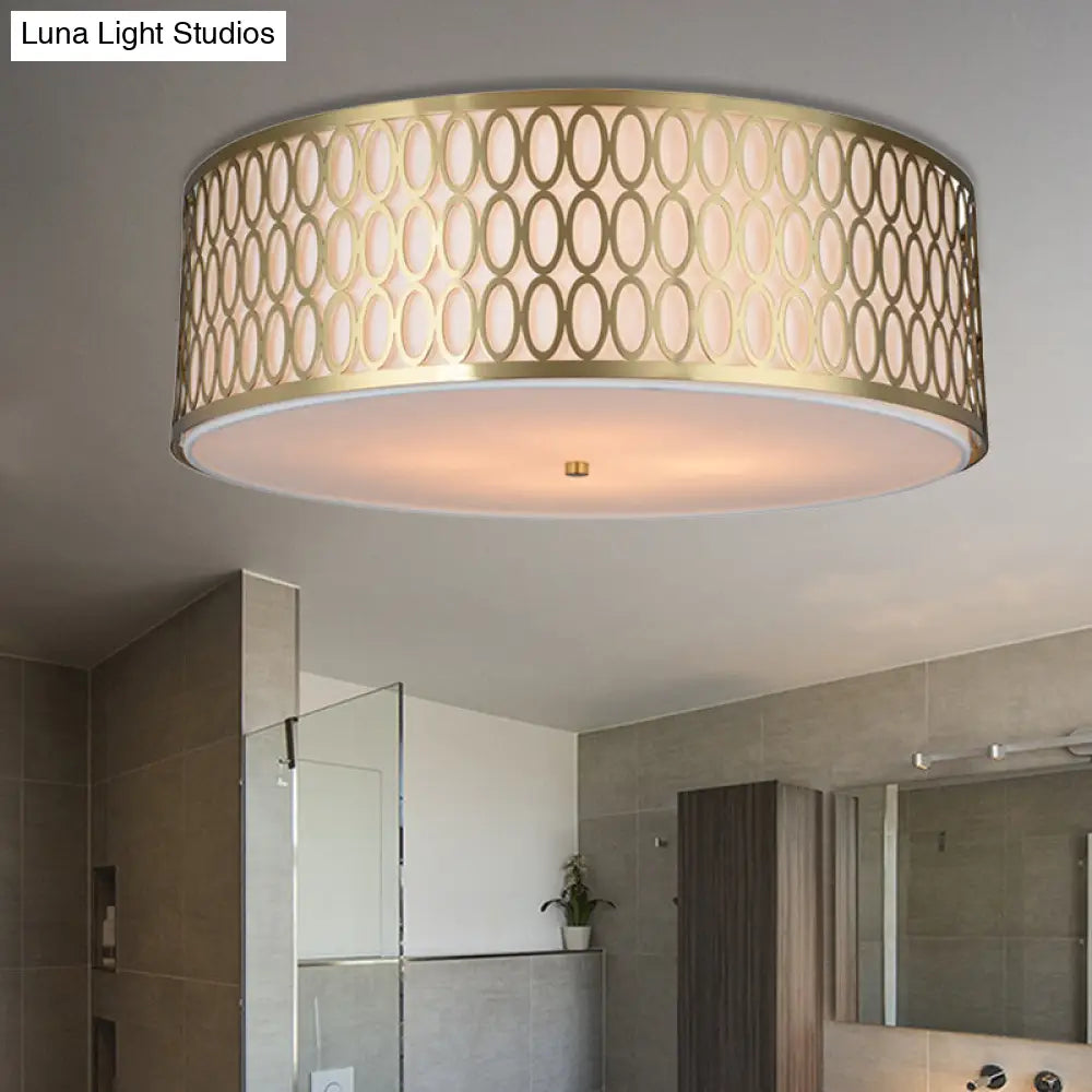 Traditional White Round Ceiling Mounted Lamp with Gold Metal Mesh Frame - 4-Light Fabric Flush Light, Sizes 16", 19.5", 23.5" Dia