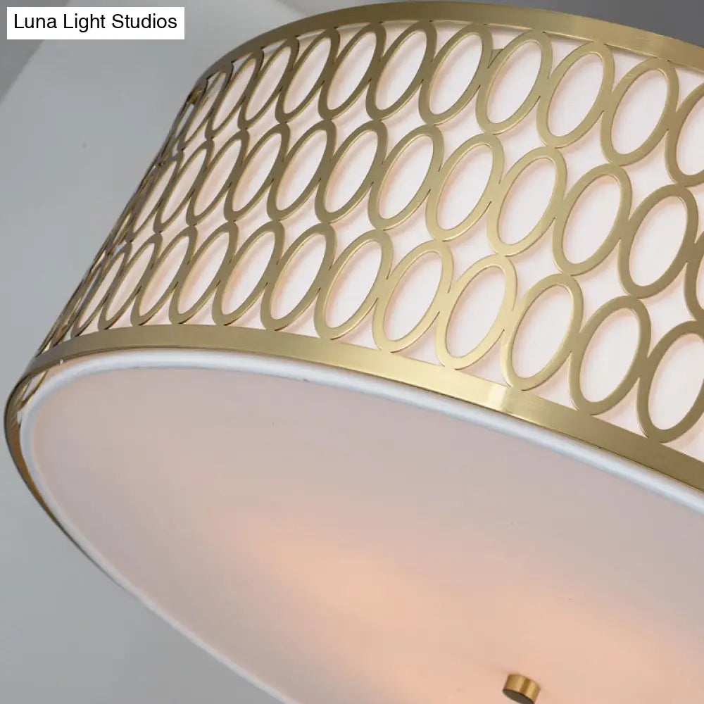 Traditional White Round Ceiling Mounted Lamp with Gold Metal Mesh Frame - 4-Light Fabric Flush Light, Sizes 16", 19.5", 23.5" Dia