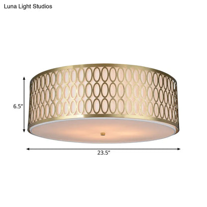 DecorBites™ DecorBites™ Traditional White Round Ceiling Mounted Lamp with Gold Metal Mesh Frame - 4-Light Fabric Flush Light, Sizes 16", 19.5", 23.5" Dia
