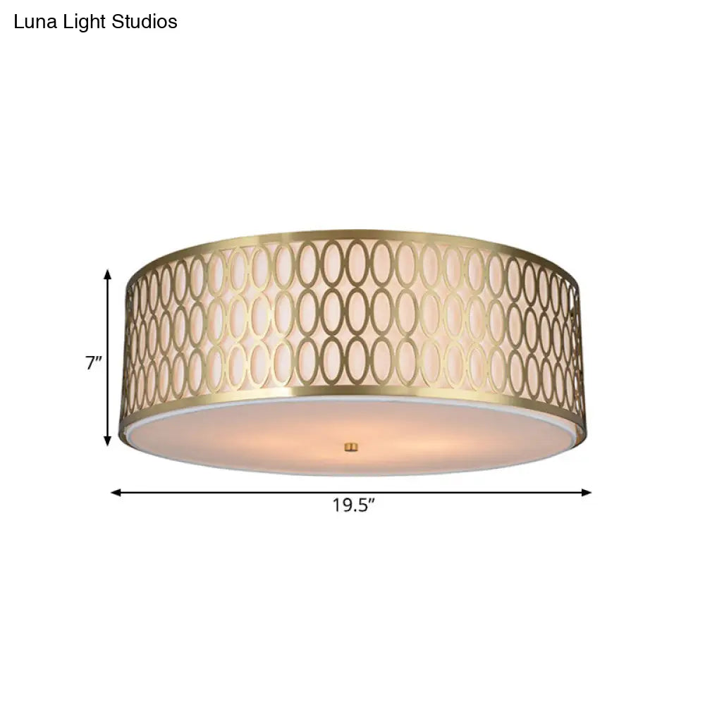 Traditional White Round Ceiling Mounted Lamp with Gold Metal Mesh Frame - 4-Light Fabric Flush Light, Sizes 16", 19.5", 23.5" Dia