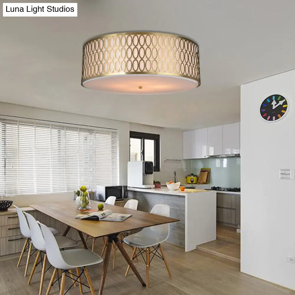 Traditional White Round Ceiling Mounted Lamp with Gold Metal Mesh Frame - 4-Light Fabric Flush Light, Sizes 16", 19.5", 23.5" Dia