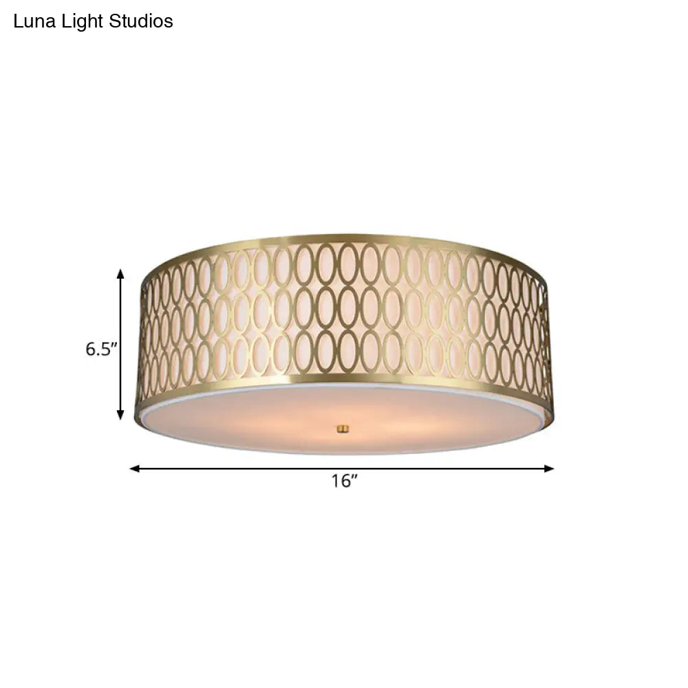 Traditional White Round Ceiling Mounted Lamp with Gold Metal Mesh Frame - 4-Light Fabric Flush Light, Sizes 16", 19.5", 23.5" Dia