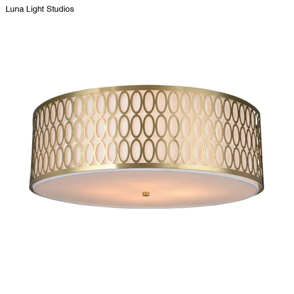 Traditional White Round Ceiling Mounted Lamp with Gold Metal Mesh Frame - 4-Light Fabric Flush Light, Sizes 16", 19.5", 23.5" Dia