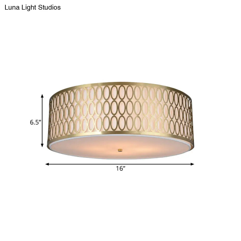 Traditional White Round Ceiling Mounted Lamp with Gold Metal Mesh Frame - 4-Light Fabric Flush Light, Sizes 16", 19.5", 23.5" Dia