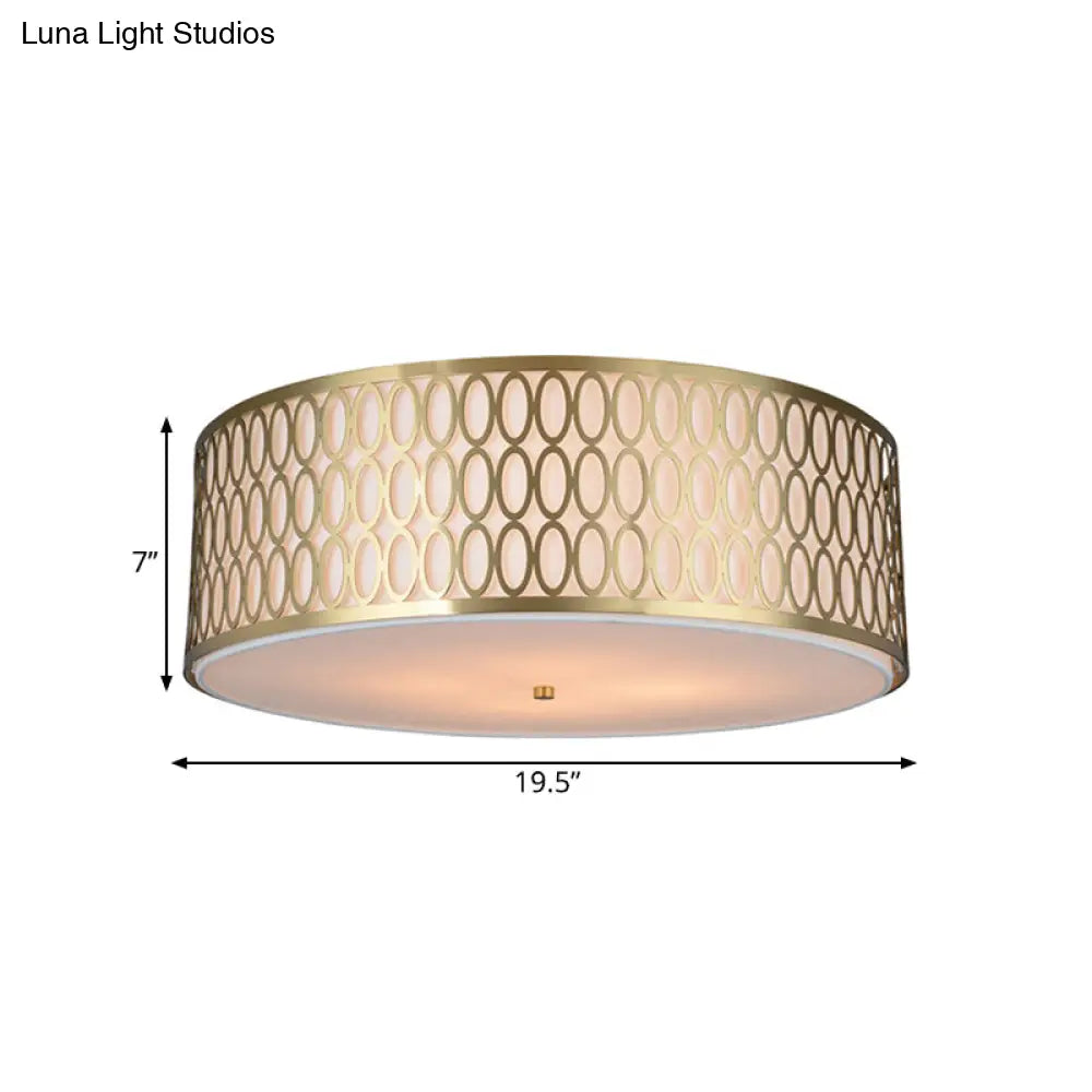 Traditional White Round Ceiling Mounted Lamp with Gold Metal Mesh Frame - 4-Light Fabric Flush Light, Sizes 16", 19.5", 23.5" Dia