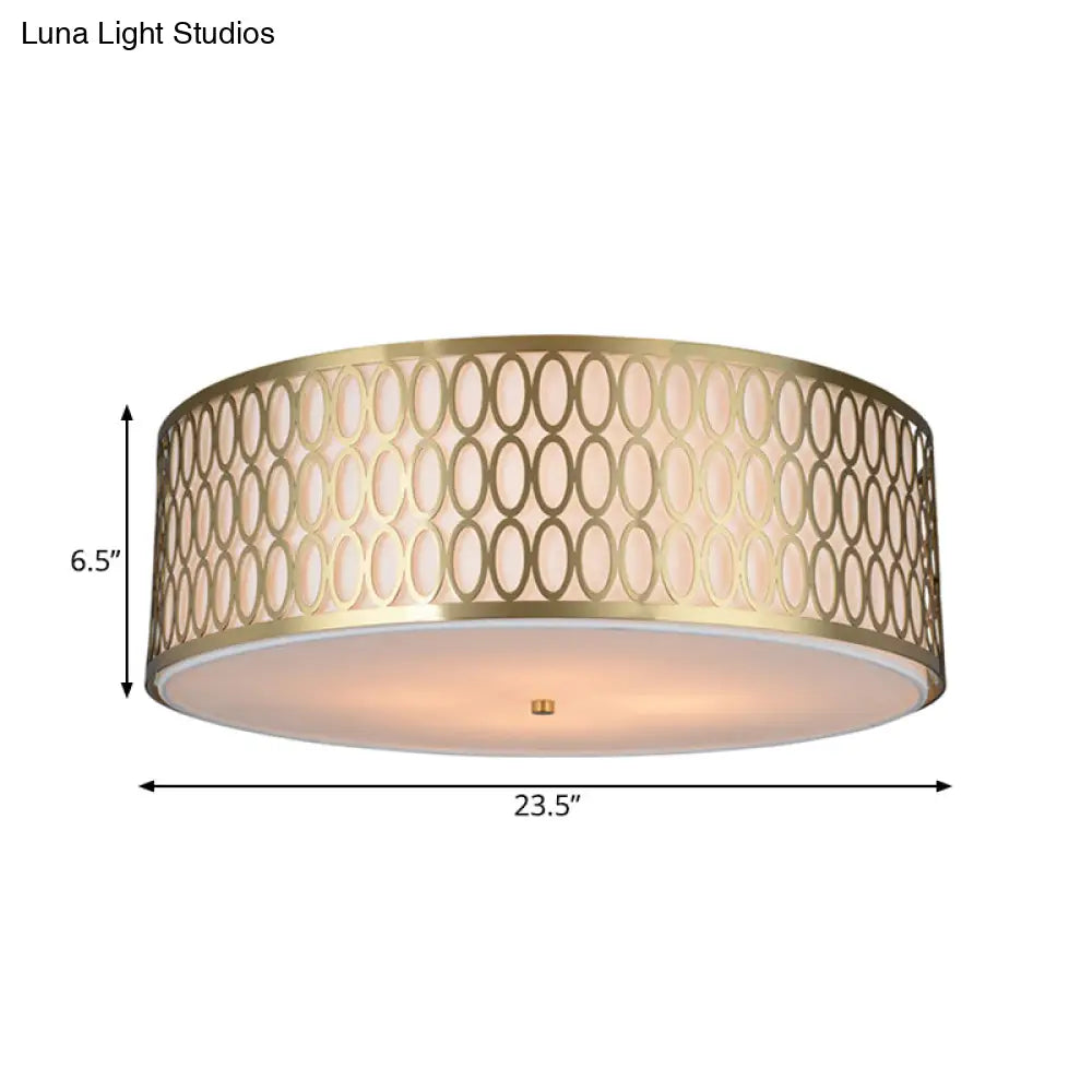 Traditional White Round Ceiling Mounted Lamp with Gold Metal Mesh Frame - 4-Light Fabric Flush Light, Sizes 16", 19.5", 23.5" Dia