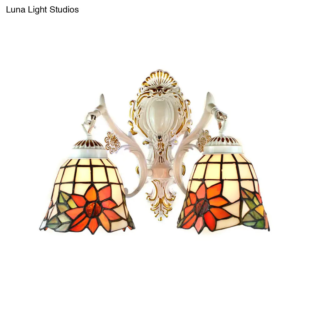 Traditional White Tiffany Wall Sconce - Bell Living Room Lamp with Sunflower Stained Glass, 2 Bulbs and Arc/Curved Arm