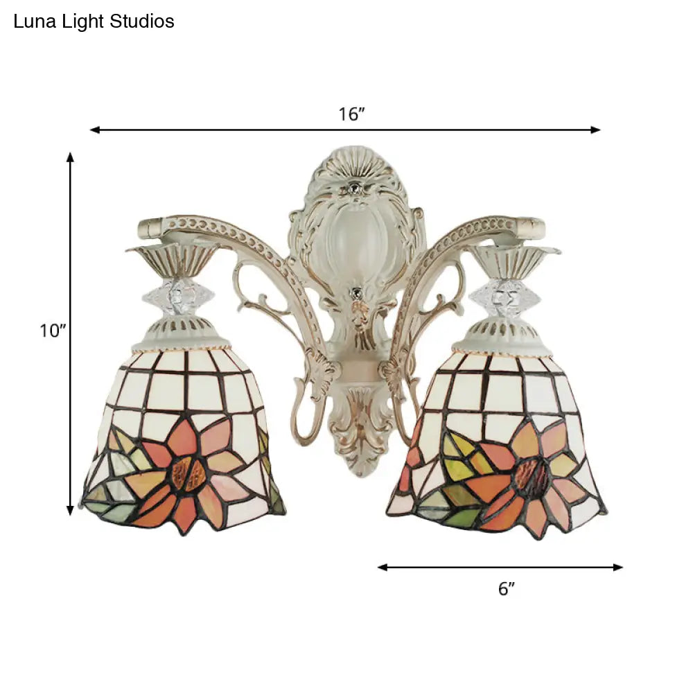 Traditional White Tiffany Wall Sconce - Bell Living Room Lamp with Sunflower Stained Glass, 2 Bulbs and Arc/Curved Arm