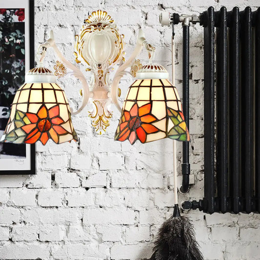 Traditional White Tiffany Wall Sconce - Bell Living Room Lamp with Sunflower Stained Glass, 2 Bulbs and Arc/Curved Arm