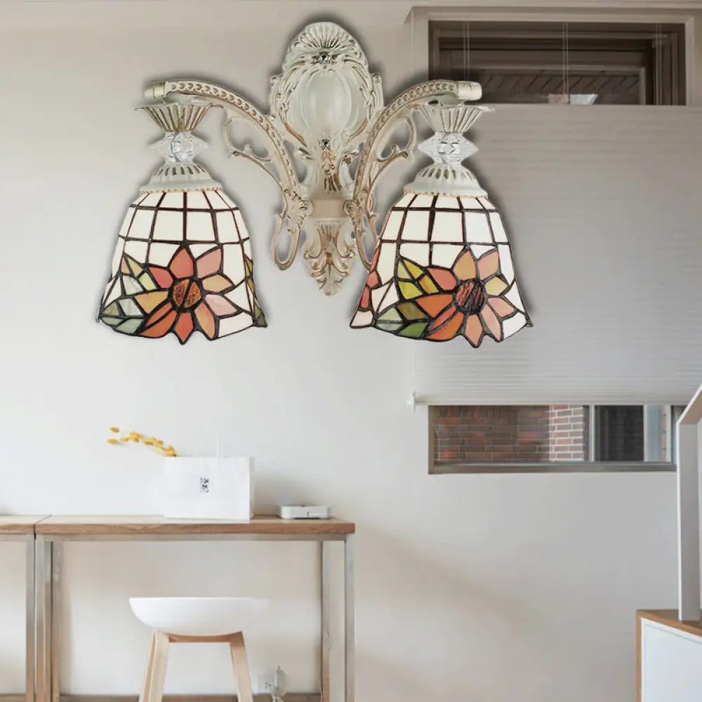 Traditional White Tiffany Wall Sconce - Bell Living Room Lamp with Sunflower Stained Glass, 2 Bulbs and Arc/Curved Arm