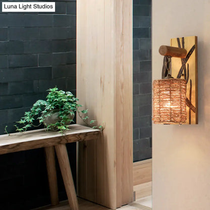 DecorBites™ DecorBites™ Traditional Wood Cone/Cylinder Wall Lamp - Beige Sconce Light with Rectangle Backplate