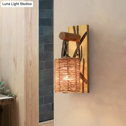 DecorBites™ DecorBites™ Traditional Wood Cone/Cylinder Wall Lamp - Beige Sconce Light with Rectangle Backplate