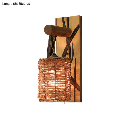 DecorBites™ DecorBites™ Traditional Wood Cone/Cylinder Wall Lamp - Beige Sconce Light with Rectangle Backplate
