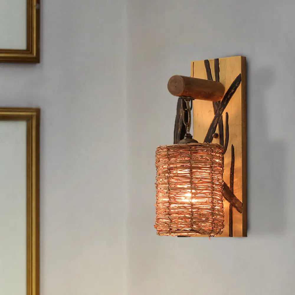 Traditional Wood Cone/Cylinder Wall Lamp - Beige Sconce Light with Rectangle Backplate
